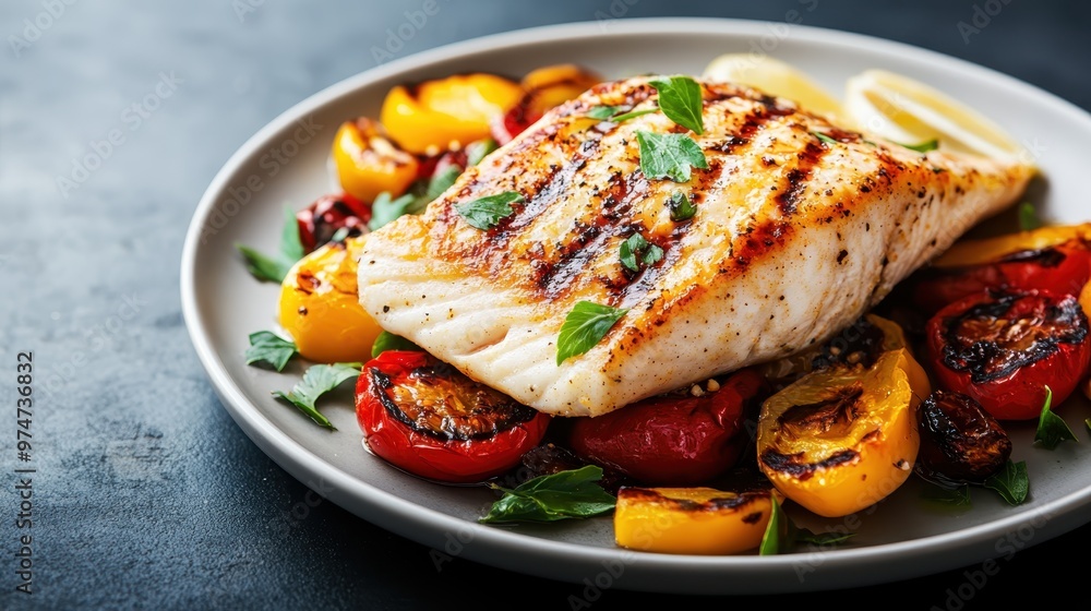 A beautifully plated piece of grilled fish served with a colorful assortment of grilled vegetables, showcasing a harmonious combination of flavors and textures. A beautifully plated piece of grilled fish served with a colorful assortment of grilled vegetables, showcasing a harmonious combination of flavors and textures.