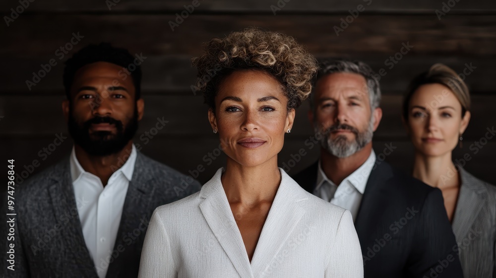 A strong businesswoman stands at the forefront of an executive team, projecting leadership and confidence, symbolizing success in a professional environment.