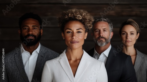 Obraz na płótnie A strong businesswoman stands at the forefront of an executive team, projecting leadership and confidence, symbolizing success in a professional environment. w salonie