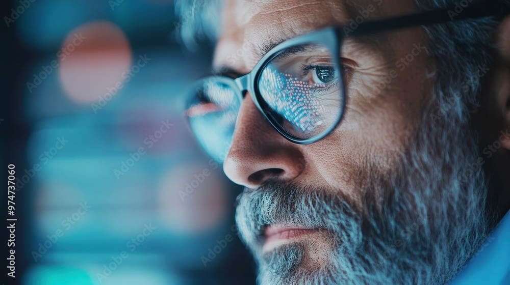 A man utilizing a high-tech eyeglass device with a blue ambient background, emphasizing the advanced and futuristic technology designed for modern use. A man utilizing a high-tech eyeglass device with a blue ambient background, emphasizing the advanced and futuristic technology designed for modern use.