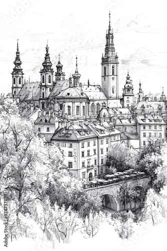 Krakw, Poland, black and white pen pencil hand-drawn effect portrait drawing illustration for travel poster, card, wallpaper, backdrop or banner. Modern, clear, artistic and simple