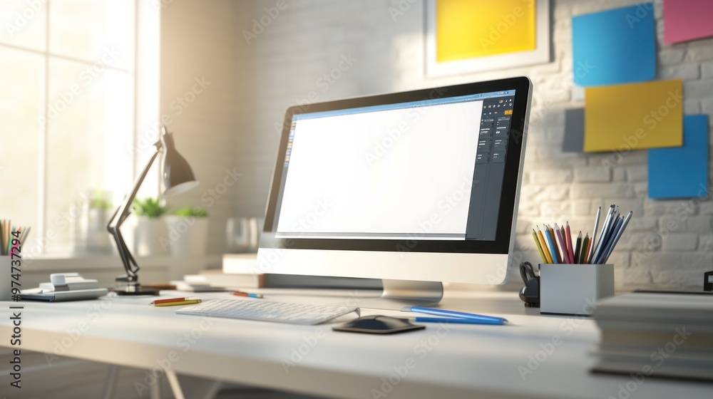 A modern workspace featuring a computer, desk lamp, and colorful sticky notes. A modern workspace featuring a computer, desk lamp, and colorful sticky notes.