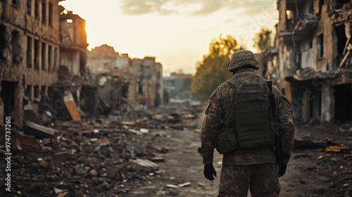 Brave soldier navigating through a devastated city after war or natural disaster strikes