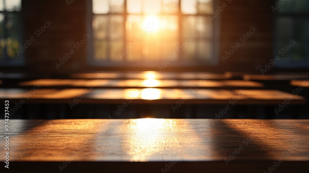 Wooden desks in a quiet classroom illuminated by golden sunlight streaming through windows, evoking a sense of nostalgia, tranquility, and academic pursuit. Wooden desks in a quiet classroom illuminated by golden sunlight streaming through windows, evoking a sense of nostalgia, tranquility, and academic pursuit.