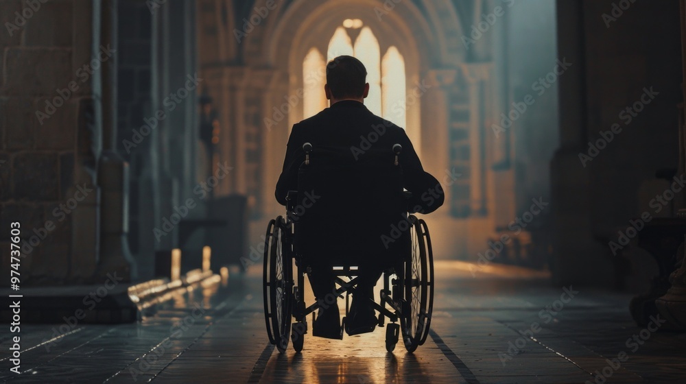 Obraz premium A man in a wheelchair is sitting in a dimly lit room