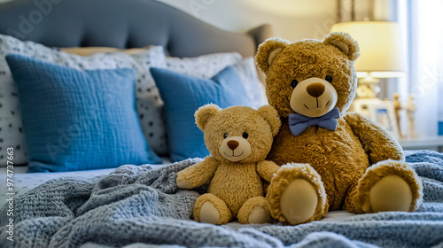 A Teddy bear mama and papa and small teddy bear sitting on a bed with a blanket and pillows.