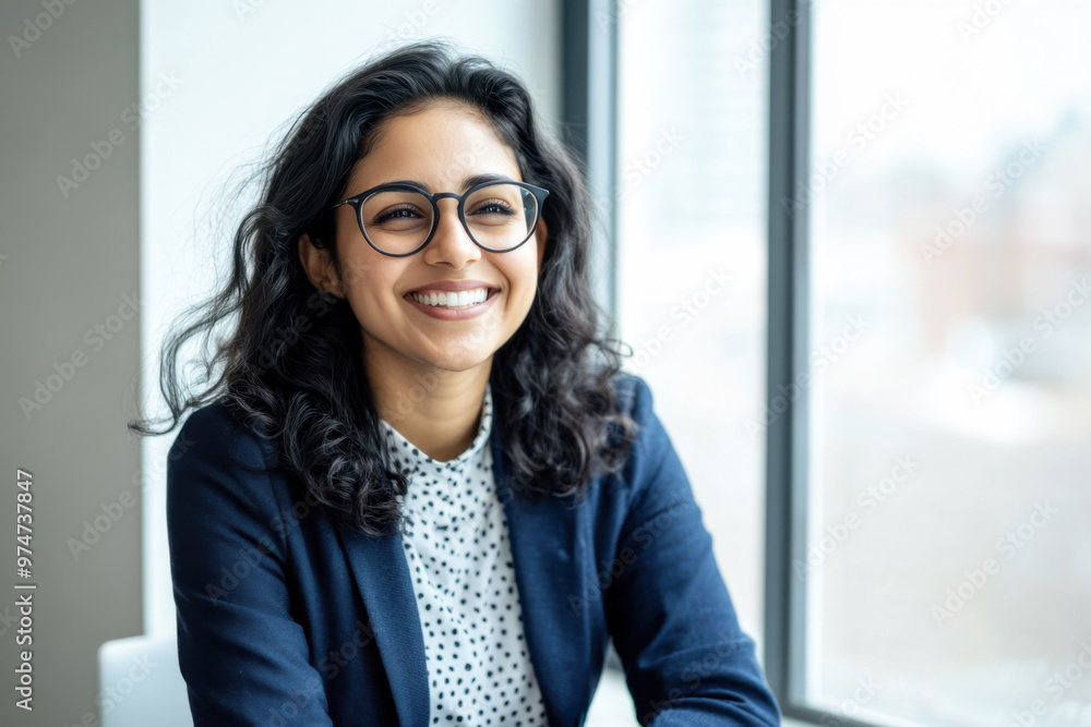 An Indian businesswoman in her 30s, wearing glasses, is happily smiling while sitting in her office in front of a window. An Indian businesswoman in her 30s, wearing glasses, is happily smiling while sitting in her office in front of a window.