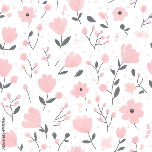 A delicate floral pattern featuring soft pink blooms and green leaves on a white background, perfect for various design projects.