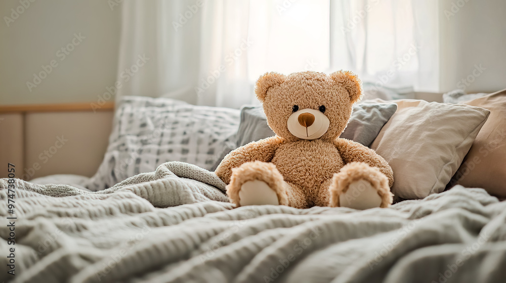 A Teddy bear sitting on a bed with a blanket and pillows. A Teddy bear sitting on a bed with a blanket and pillows.