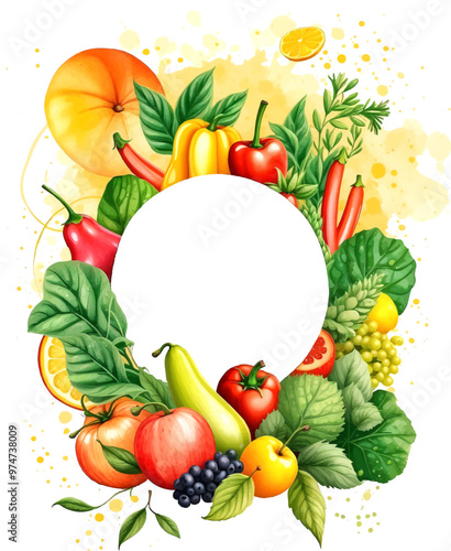 Organic food typographic poster with round rainbow decorative frame composed of whole and chopped fruits and vegetables vector illustration