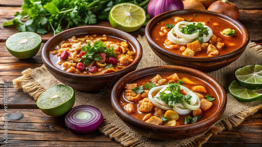 Vibrant, steaming menudo bowls filled with tender tripe, hominy, and fresh cilantro, garnished with lime wedges, onions, and warm tortillas on a rustic wooden table. Vibrant, steaming menudo bowls filled with tender tripe, hominy, and fresh cilantro, garnished with lime wedges, onions, and warm tortillas on a rustic wooden table.