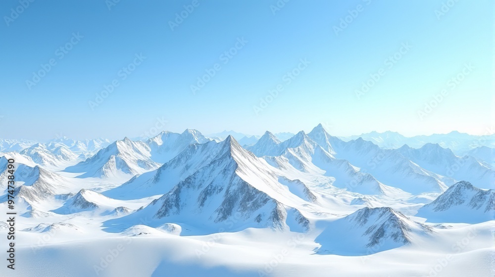 Expansive panoramic View Snow-covered Mountain Range Under a Clear Blue Sky Expansive panoramic View Snow-covered Mountain Range Under a Clear Blue Sky
