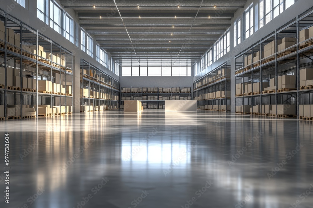Modern 3d visualization of an empty warehouse with high shelving and reflective glossy flooring Modern 3d visualization of an empty warehouse with high shelving and reflective glossy flooring
