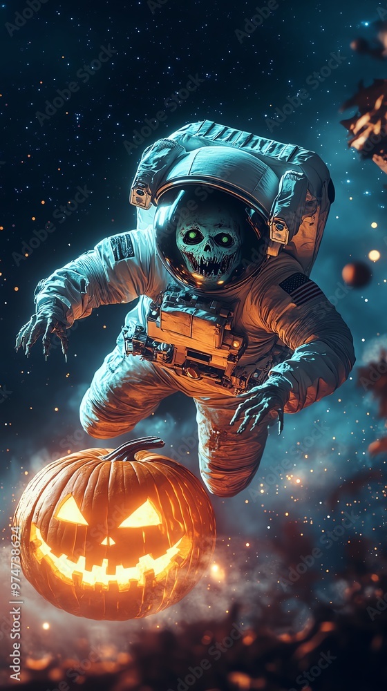 A spooky astronaut floats in space, next to a glowing jack-o'-lantern, blending Halloween themes with cosmic exploration. A spooky astronaut floats in space, next to a glowing jack-o'-lantern, blending Halloween themes with cosmic exploration.