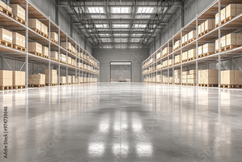 Modern empty warehouse interior with high shelves, glossy floor, and product photography space