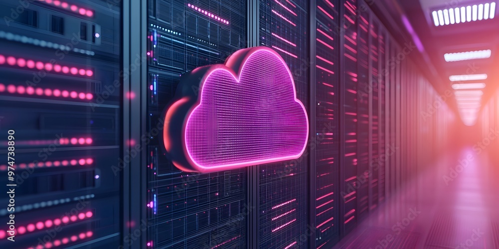 Vibrant cloud symbol in a data center, showcasing modern technology and ...