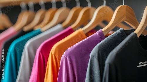 A variety of colorful t-shirts hanging on wooden hangers in an online store, representing the diverse range and color choices available for sale