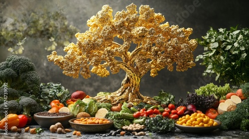 Wallpaper Mural Golden Tree Sculpture Amidst Vibrant Smoothie Bowls and Fresh Vegetables Torontodigital.ca