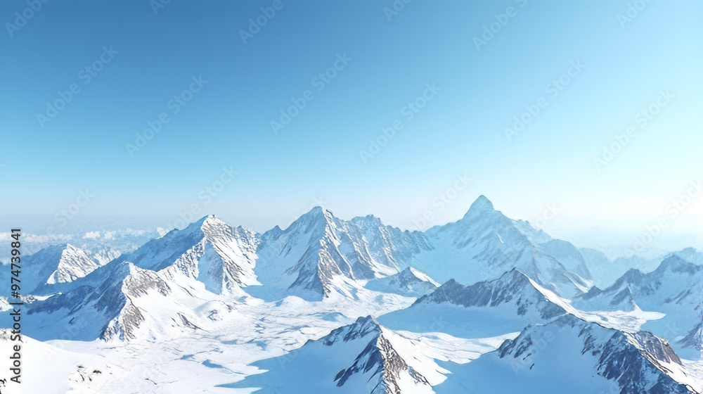 Expansive panoramic View Snow-covered Mountain Range Under a Clear Blue Sky