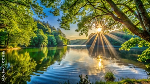 Vibrant sunbeams burst through leafy green trees, casting long shadows on a serene lake's calm waters, marking the joyous arrival of the longest day of the year. photo