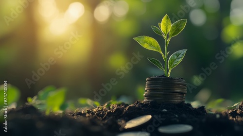 Financial Growth and Sustainability: A Green Plant Thriving on a Stack of Coins