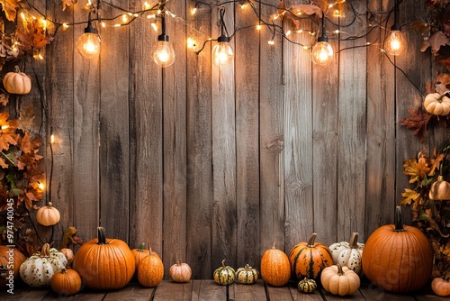 Charming rustic wooden background with pumpkins and lights for a perfect autumn wedding backdrop photo