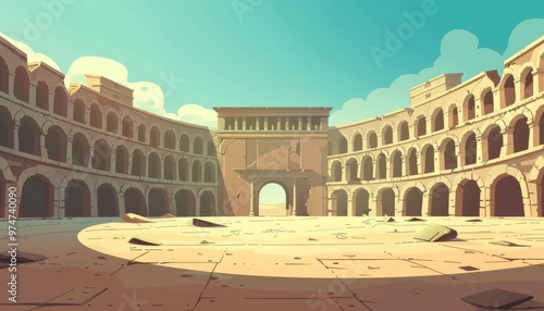 Ancient Roman Coliseum. Historic Arena. Gladiator Arena. Rundown Coliseum in the Desert. Cartoon 2d game illustration background.