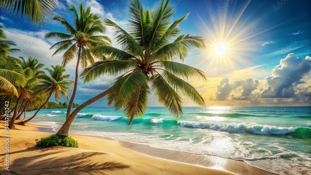 Vibrant sun-kissed beach scene with swaying palm trees, turquoise waves, and warm sandy shores, perfect for a relaxed and serene summer-themed desktop background. Vibrant sun-kissed beach scene with swaying palm trees, turquoise waves, and warm sandy shores, perfect for a relaxed and serene summer-themed desktop background.