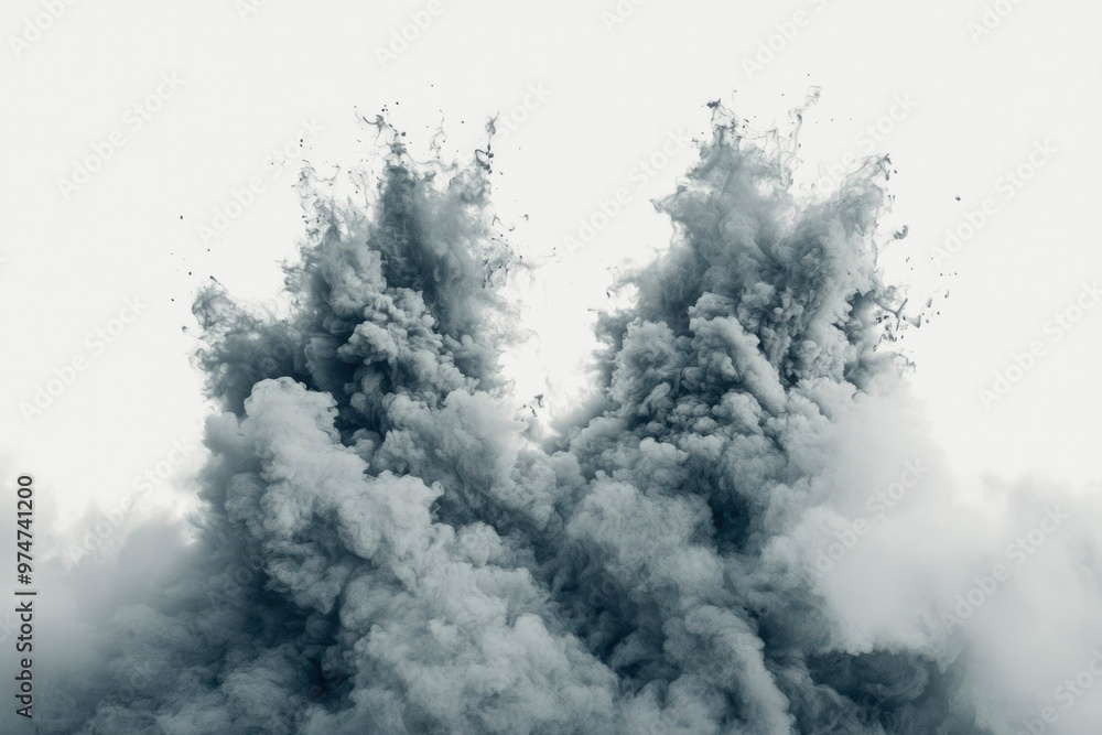 A billowing cloud of gray smoke against a white background A billowing cloud of gray smoke against a white background