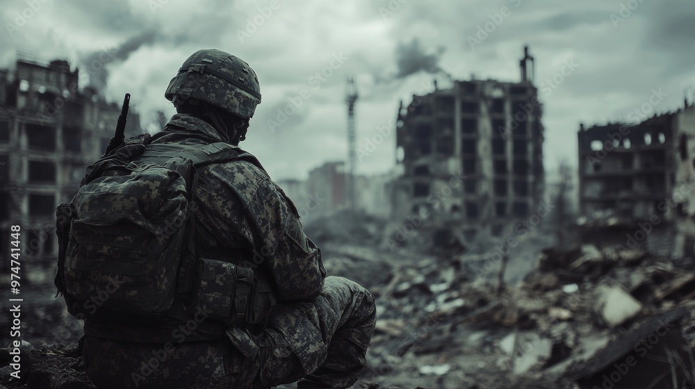 Brave soldier navigates ruins of a war torn city amidst the aftermath of destruction Brave soldier navigates ruins of a war torn city amidst the aftermath of destruction