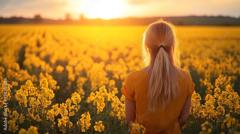 Fototapeta premium A woman farmer stands in a rapeseed field at sunset Beautiful rural landscape : Generative AI