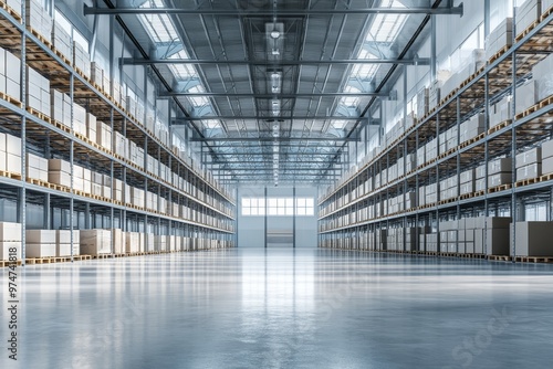 Exploring ai potential in retail storage  a wide angle view of an empty warehouse with high shelves