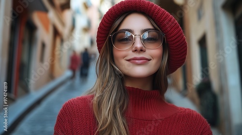 Plus size fashion model wearing simple sweater red beret and chic sunglasses posing in the old city street in autumn Stylish fall clothing for beautiful and happy overweight woman : Generative AI