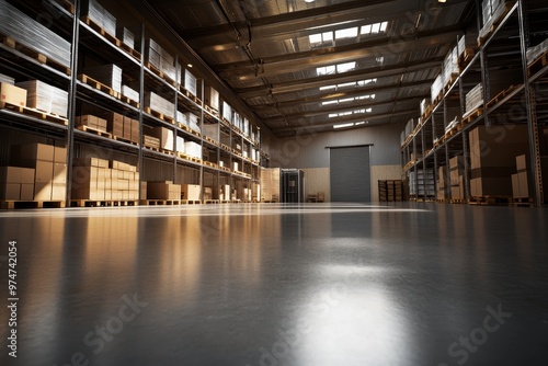 Spacious warehouse interior with high shelves and bright lighting  ideal for commercial storage use