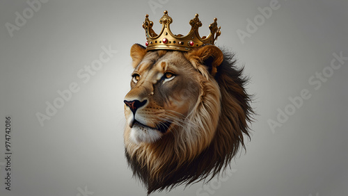 Lion head portrait with a king's crown, designed as a bold logo on a white background. photo