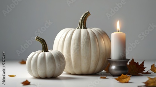 White fall pumpkin on light background. Demonstration of pumpkins, ready for the fall season, Halloween and other holidays. Pumpkin statuette, hurrah for the table. Halloween season. AI Illustration.