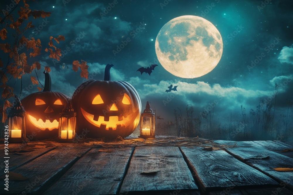 Festive halloween pumpkins and lanterns on wooden table under moonlit sky seasonal banner design Festive halloween pumpkins and lanterns on wooden table under moonlit sky seasonal banner design
