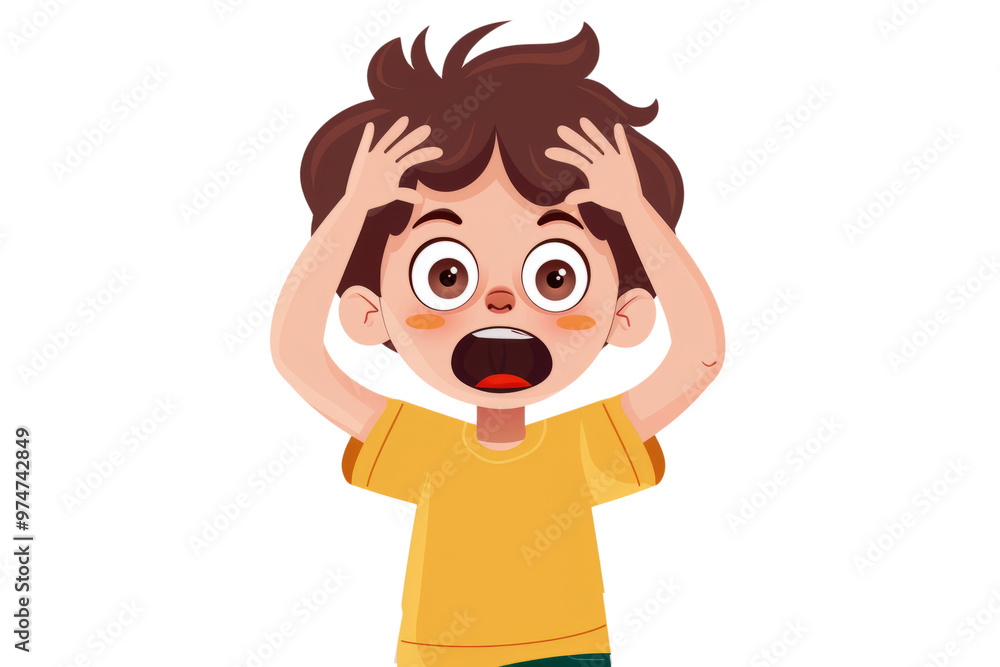 An upset little boy with an open-mouthed cry, holding his head with both hands An upset little boy with an open-mouthed cry, holding his head with both hands