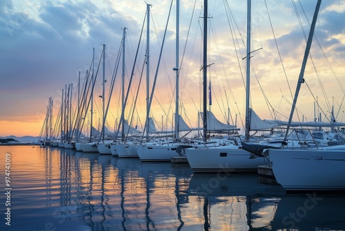 Elegant sailboats docked at marina under pastel sky, reflecting sunlight on water s surface