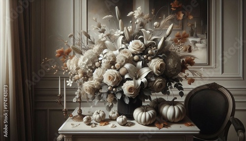 still life composition featuring an opulent bouquet of flowers and foliage in a vase, surrounded by pumpkins on a classic table against a paneled wall. photo