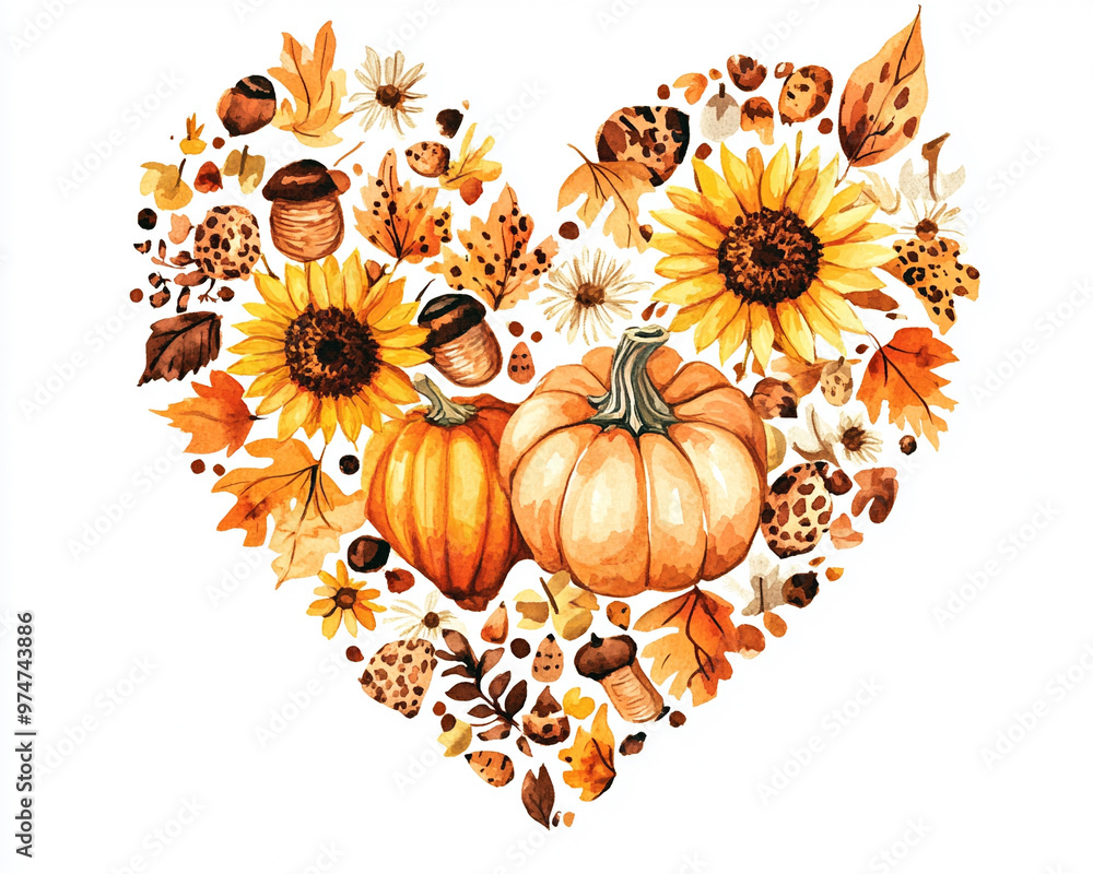 Εκτύπωση καμβά A heart shape composed of pumpkins, acorns, and sunflowers in a leopard print