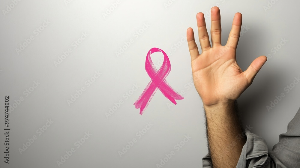 A raised hand with a pink ribbon symbol painted on the palm, representing cancer awareness and support. The hand is against a gray background, symbolizing strength and unity in the fight against cance A raised hand with a pink ribbon symbol painted on the palm, representing cancer awareness and support. The hand is against a gray background, symbolizing strength and unity in the fight against cance