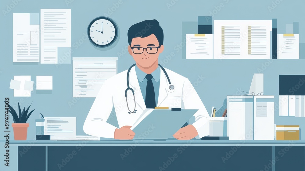 Doctor Reviewing Medical Records at his Desk Doctor Reviewing Medical Records at his Desk