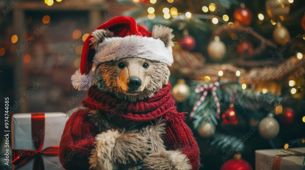 A stuffed bear is wearing a red hat and a red scarf A stuffed bear is wearing a red hat and a red scarf