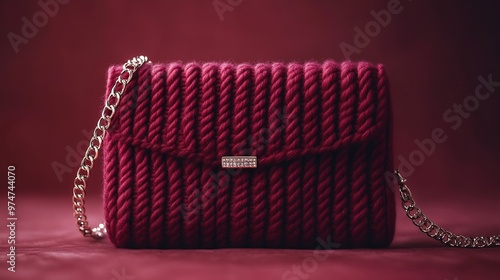 Burgundy color rectangular womens handbag in a classic style on a chain for a casual or evening look Textile knitted bag in a minimalist style : Generative AI