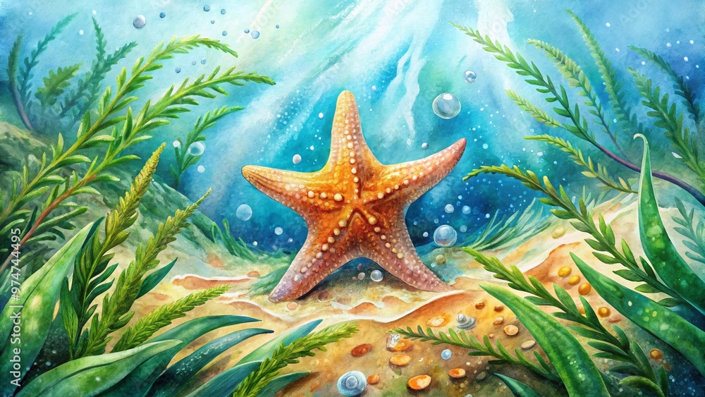 Vibrant watercolor illustration of a delicate starfish, surrounded by soft seaweed and subtle ocean waves, evoking a sense of serene underwater tranquility. Vibrant watercolor illustration of a delicate starfish, surrounded by soft seaweed and subtle ocean waves, evoking a sense of serene underwater tranquility.