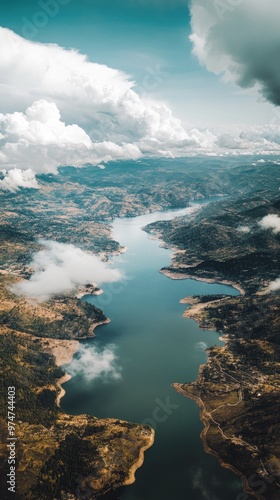 Terrain – Bird’s-Eye View of Diverse Terrain Featuring Mountains, Rivers, and Arid Land