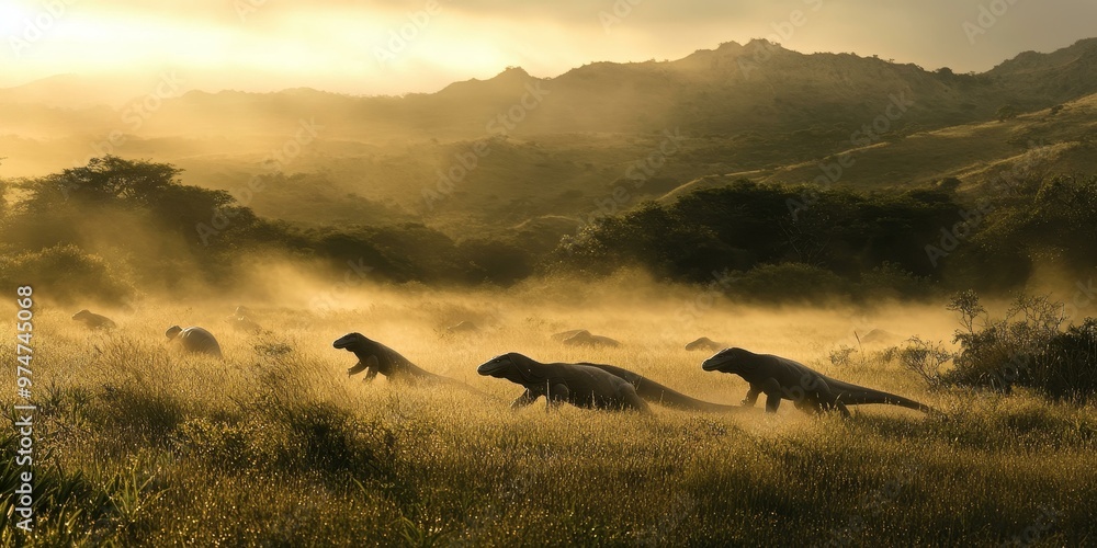 Fototapeta premium Lizards walking through hazy, golden field.