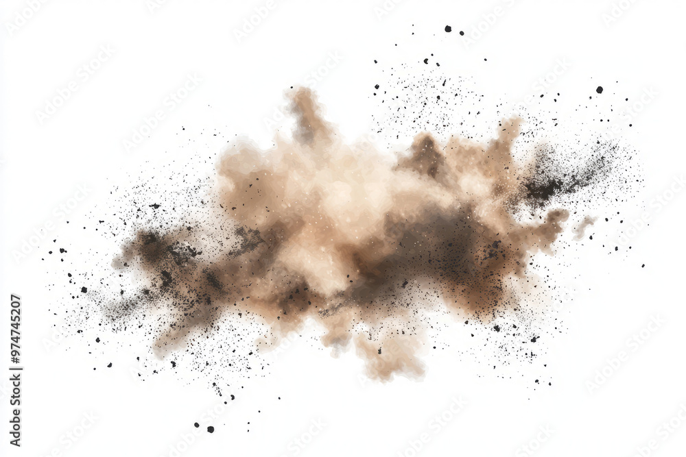Dynamic abstract of dirt clouds and flying particles, creating a soft explosion on white. Dynamic abstract of dirt clouds and flying particles, creating a soft explosion on white.