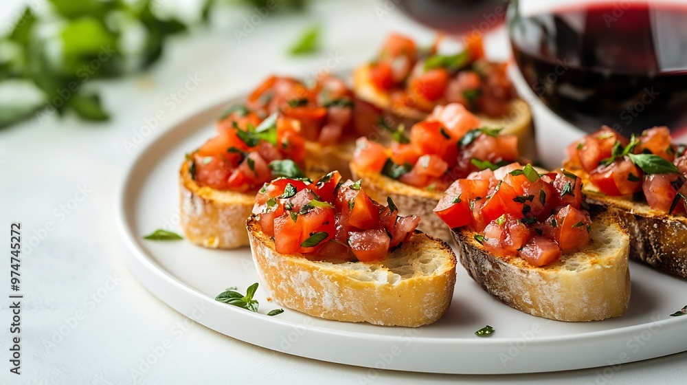 Tasty bruschetta served with wine on white background : Generative AI Tasty bruschetta served with wine on white background : Generative AI